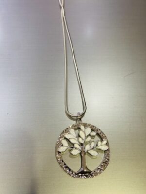 Silver White Tree In A Diamante Circle Long Necklace
