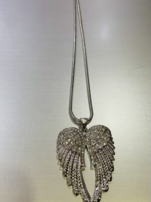 Silver Diamante Angel Wings Long Necklace