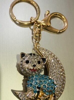 Blue Diamante Cat In The Moon Key Ring/Bag Charm