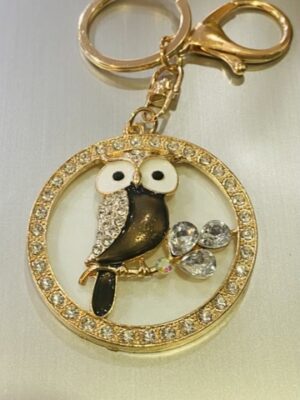 Gold Brown Owl In A Diamante Circle Key Ring/Bag Charm