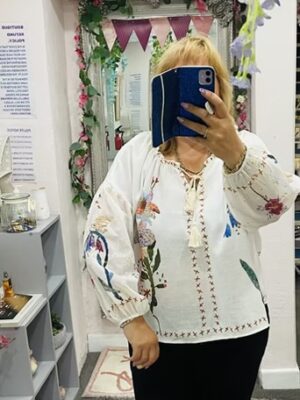 White Floral Embroidered Cotton Mix Tassel Top