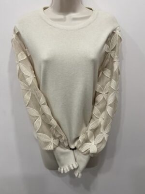 Beige Floral Lattice Sleeve Fine knit Jumper