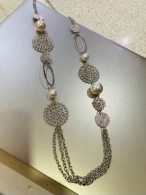 Silver Large Pearl Detail With Silver Disc Detail Long Necklace