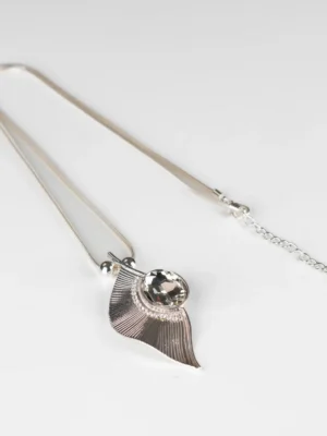 Silver Leaf With Large Clear Gem Pendant Long Necklace