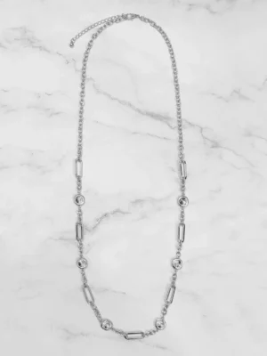 Silver Large Link With Diamante Inserts Long Necklace