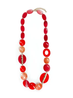 Red Pebble Sones With Gold Oval Chain Long Necklace
