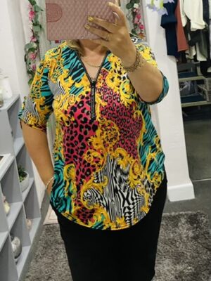 Multi Animal Print Diamante Zip Top
