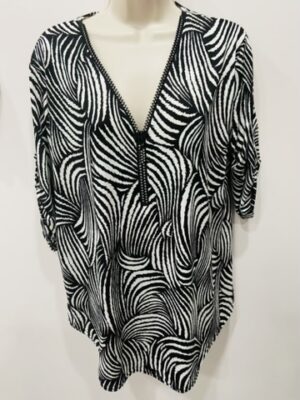 Black And White Print Diamante Zip Top