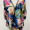 Navy Coloured Leaf Print Diamante Zip Top