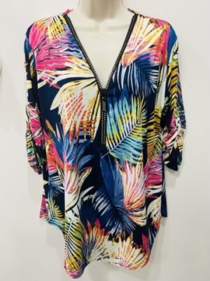 Navy Coloured Leaf Print Diamante Zip Top