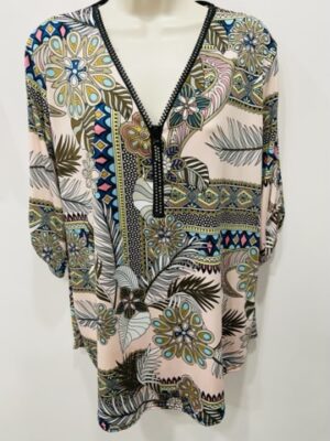 Pale Pink Floral Print Diamante Zip Top
