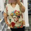 Lady With Flowers In Her Hair Oversized Top With Gold Glitter Thread Detail Top