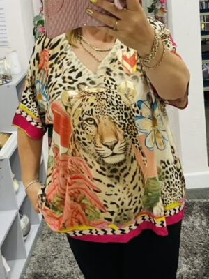 Leopard Print Oversized Top With Gold Glitter Thread Detail Top
