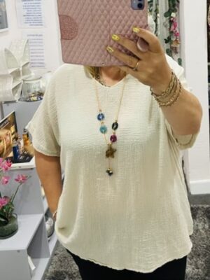 Plain Cotton Top With Necklace Included, In Taupe, Beige, And Navy