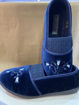Navy Velour Floral Detail Full Slipper