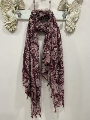 Wine Paisley Print Tassel Edge Cotton Mix Scarf