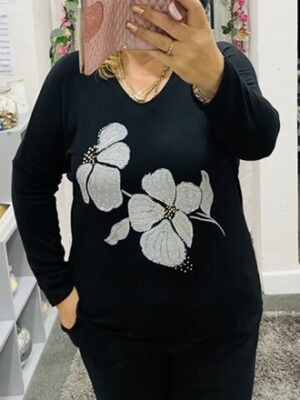 Floral Sequin Embellished Floral Wool Mix Light Weight Top In Wine Or Black