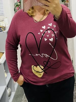 Wine Or Green Love Heart Shimmering Wool Mix Light Weight Top