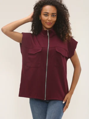 Oversized Wine Zip Detail Waist Coat Top
