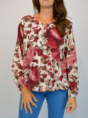Wine Or Brown Floral Print Bubble Hem Blouse