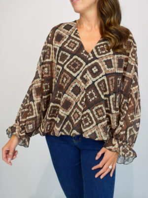 Brown Or Blue Double V Neck Geometric Print Batwing Sleeve Blouse