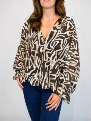 Brown Or Blue Abstract Print Batwing Sleeve Blouse