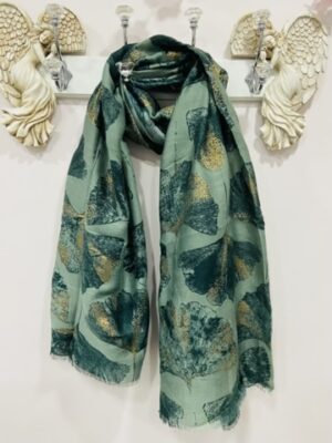 Mixed Green Ginkgo Leaf Gold Foil Print Scarf