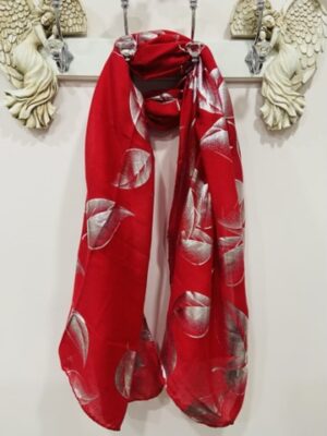 Red Or Maroon Silver Foil Leaf Print Scarf