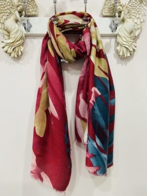 Wine Multi Leaf Print Cotton Mix Scarf