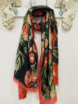 Black Or Beige Poppy Print Cotton Mix Scarf