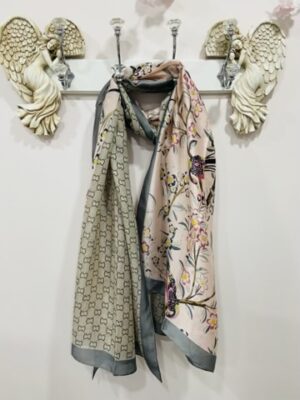 Pink/Grey Designer Inspired Floral Print Silk Scarf