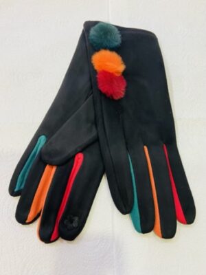 Black Or Maroon Multi Coloured Pom Pom Detail Gloves