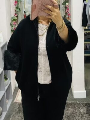 Black, Wine, Or Grey Faux Fur Bottom Of The Sleeve Detail Zipped Light Weight Cardigan/Jacket