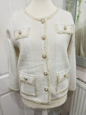 Winter White Or Black Gold Edging Pearl Detail Cardigan/Jacket