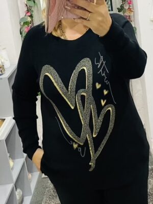Black, Brown, Blue, Or Grey Double Heart Animal Print Wool Mix Jumper