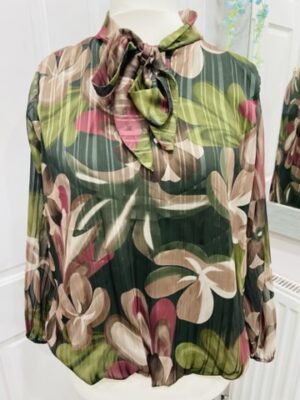 Wine, Green ,Or Blue Floral Print Pussy Bow Blouse