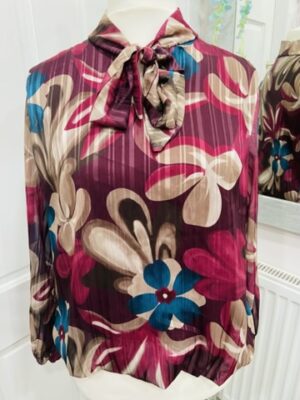Wine, Green ,Or Blue Floral Print Pussy Bow Blouse