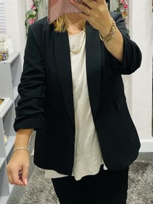 Black Ruched Sleeve Lightweight Blazer Open Jacket
