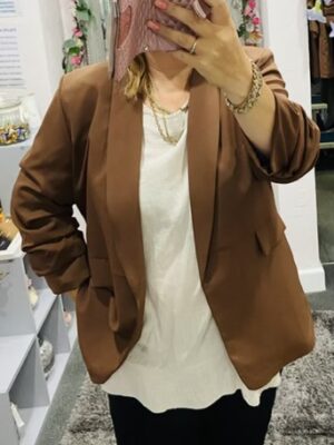 Brown Lightweight Ruched Sleeve Blazer Open Jacket