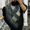 Black/Grey Or Wine/Beige Check Faux Fur Trim Poncho