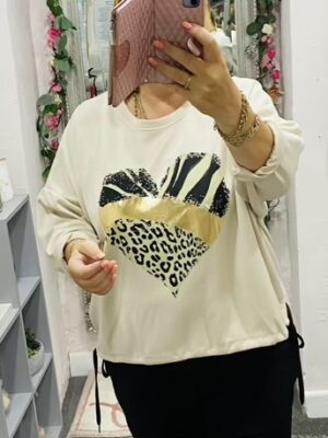 Animal Print Heart Drawstring Hem Top In Stone, Mocha, and Chocolate