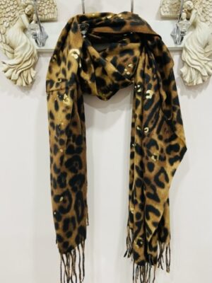 Mustard/Black Animal Print Scarf With Gold Foil Detail Wool Mix Scarf
