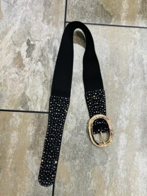 Black Diamante Embellished Elasticated Wide Belt With Large Gold Buckle Detail