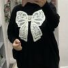 Black Large Cream Pearl Bow Detail Oversized High Neck Jumper