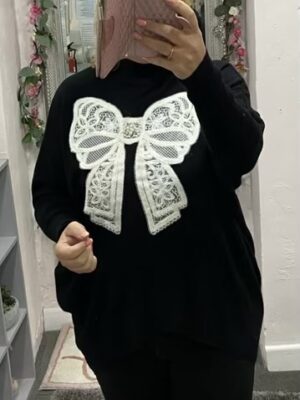 Black Large Cream Pearl Bow Detail Oversized High Neck Jumper