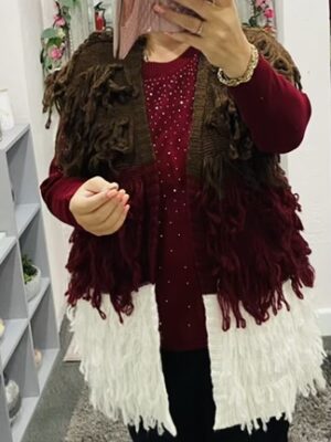 Wine/Brown/Cream Or Black/Grey/Cream Long Striped Shaggy Gilet