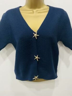 Navy Cropped Short Sleeve Gold Star Detail Jumper