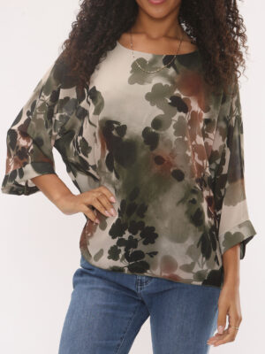 Khaki Abstract Leaf Print Blouse