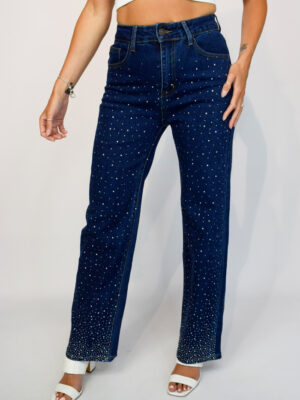 Dark Denim Diamante Embellished Wide Leg Jeans