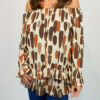 Brown Or Blue Retro Print Frill Layered Hem Blouse